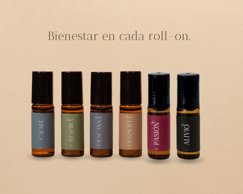 6 Roll-Ons de aromaterapia para necesidades específicas: estrés, congestión, energía, sueño, dolor muscular y equilibrio emocional. Productos naturales y cruelty-free.