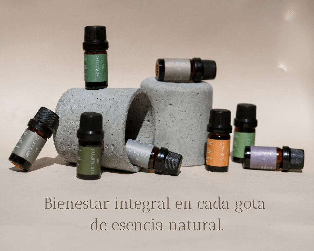 16 aceites esenciales 100% puros para diferentes necesidades: lavanda (relajación), menta (energía), eucalipto (respiración), árbol de té (piel), naranja (ánimo) y más. Presentaciones de 5ml, 10ml y 30ml con cuentagotas