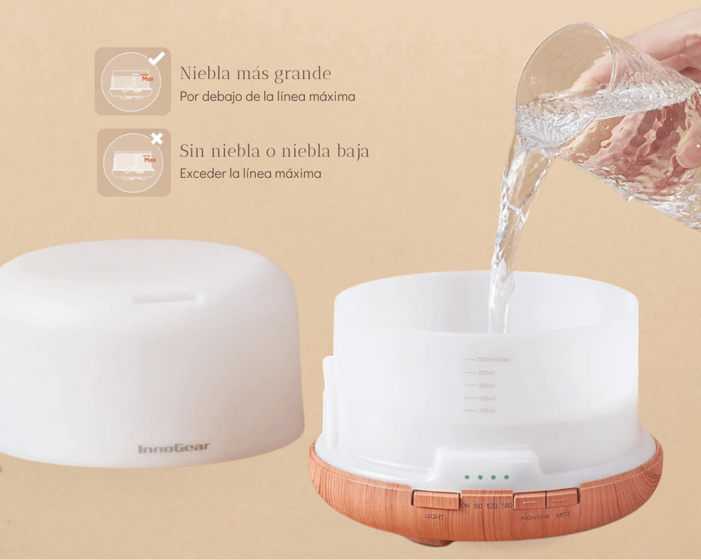 Difusor Innogear 500ml emitiendo niebla intensa (dura hasta 12 horas), ideal para salones grandes o terapias intensivas.